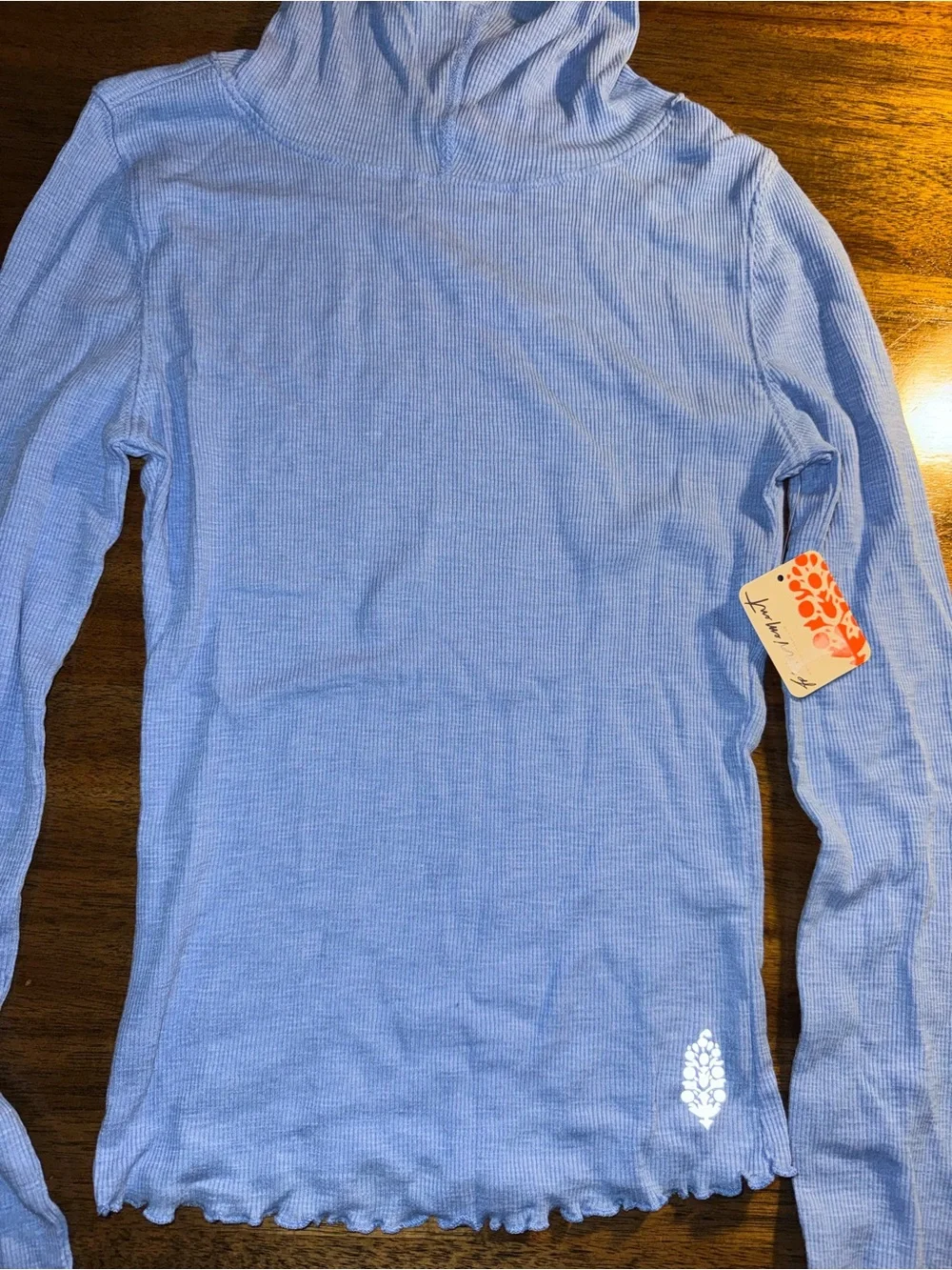 Free People Blue Breathe Easy Layered top Ribbed Long-Sleeve hooded cotton blend